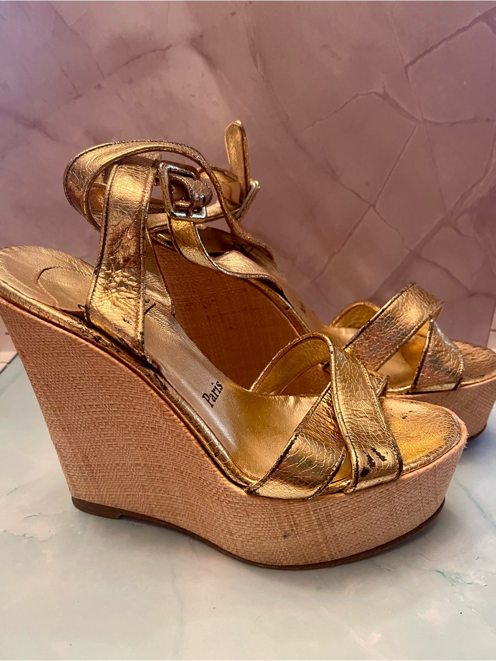Christian Louboutin Gold Metallic Wedge Sandals - Women's Platform Heels